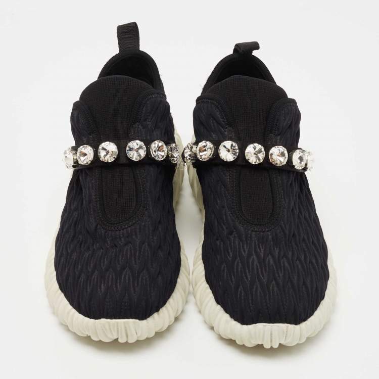 Pre Owned Miu Miu Black Nylon Crystal Embellished Low Top Sneakers 36
