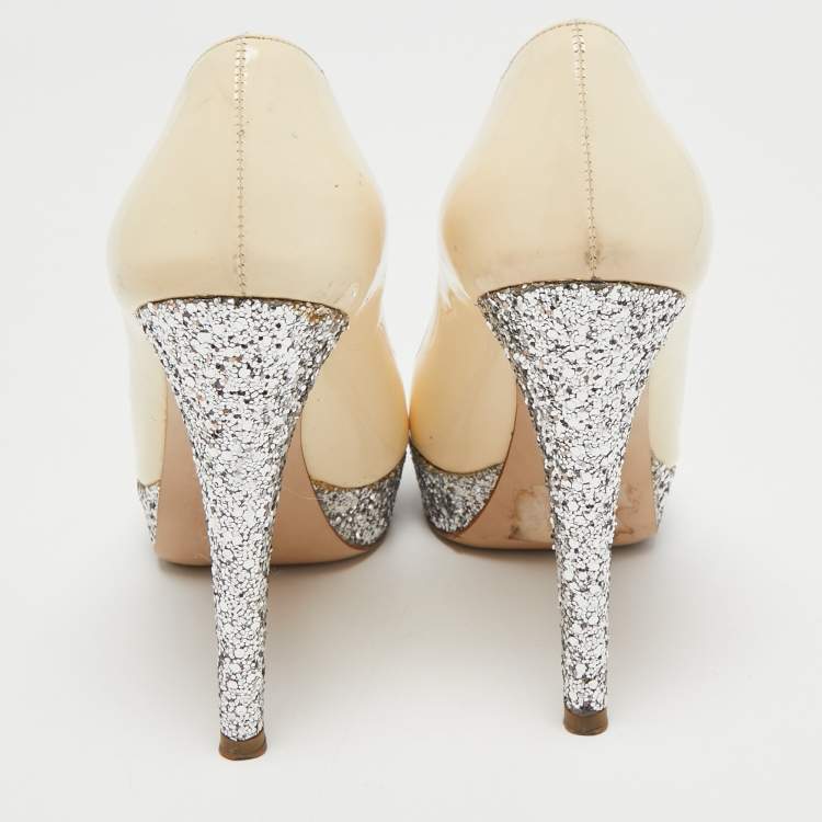 Pre Owned Miu Miu Cream Patent Leather And Coarse Glitter Peep Toe Platform Pumps Size 36.5