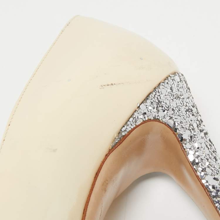 Pre Owned Miu Miu Cream Patent Leather And Coarse Glitter Peep Toe Platform Pumps Size 36.5