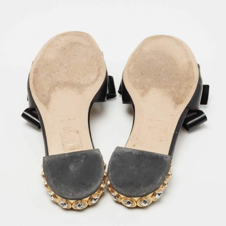 Pre Owned Miu Miu Black Patent Leather Bow Crystal Embellished Flat Slides Size 38.5