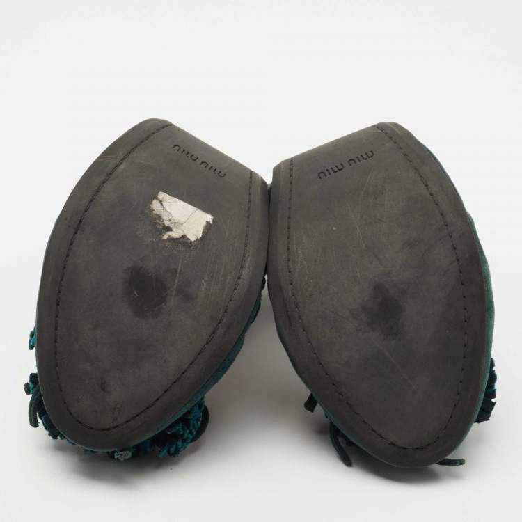 Pre Owned Miu Miu Dark Green Suede Fringe Bow Scrunch Ballet Flats Size 38