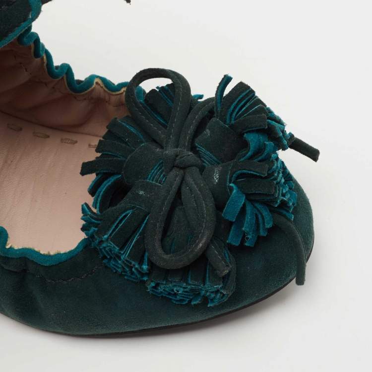 Pre Owned Miu Miu Dark Green Suede Fringe Bow Scrunch Ballet Flats Size 38