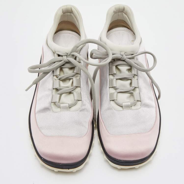 Pre Owned Miu Miu Pink/Grey Satin and Fabric Low Top Sneakers Size 36