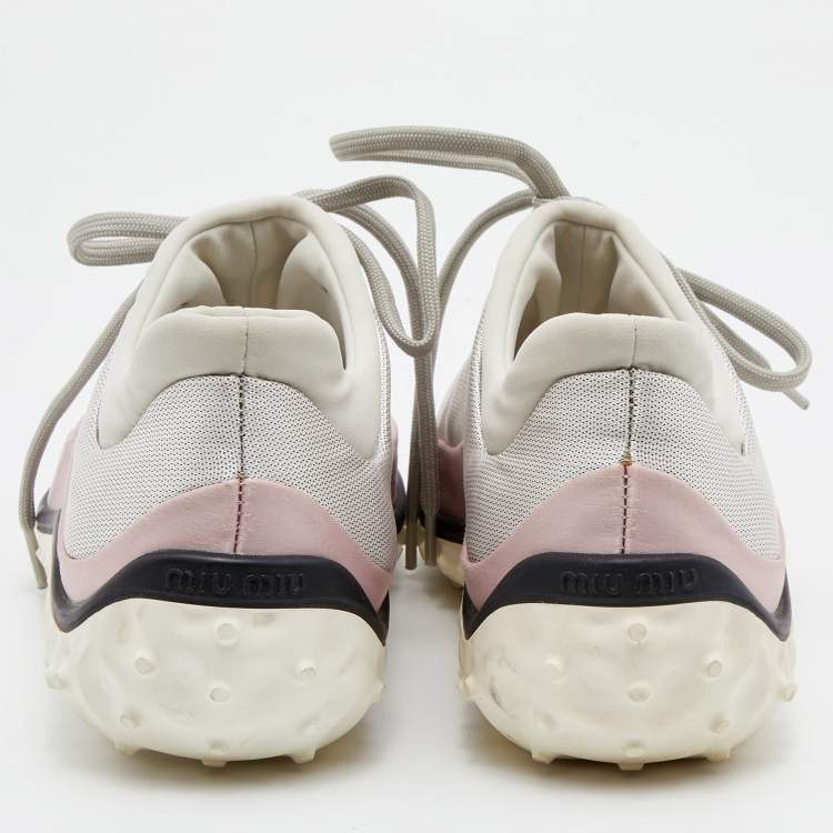 Pre Owned Miu Miu Pink/Grey Satin and Fabric Low Top Sneakers Size 36