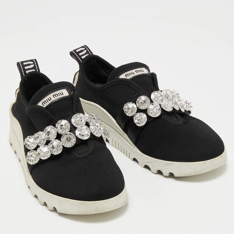 Pre Owned Miu Miu Black Knit Fabric Crystal Embellished Slip On Sneakers Size 36.5