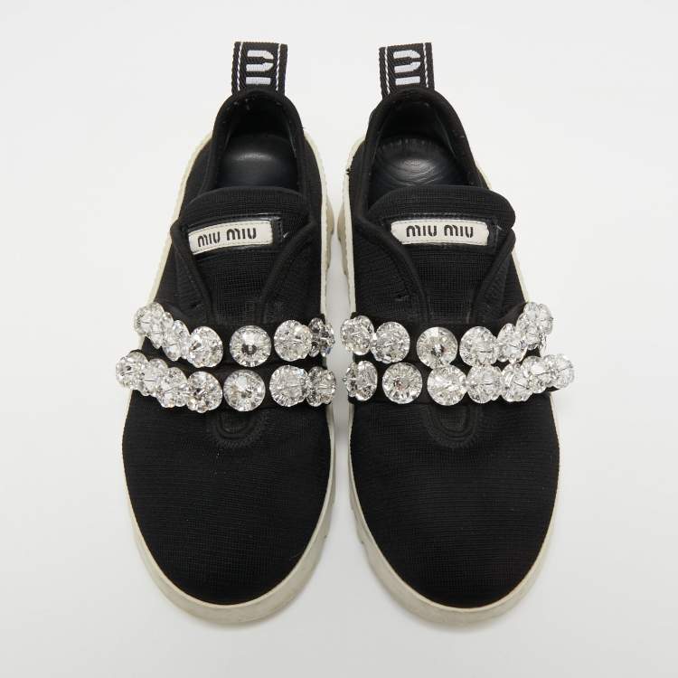 Pre Owned Miu Miu Black Knit Fabric Crystal Embellished Slip On Sneakers Size 36.5