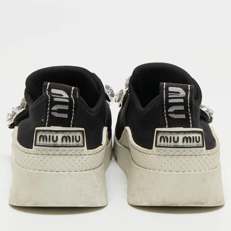 Pre Owned Miu Miu Black Knit Fabric Crystal Embellished Slip On Sneakers Size 36.5