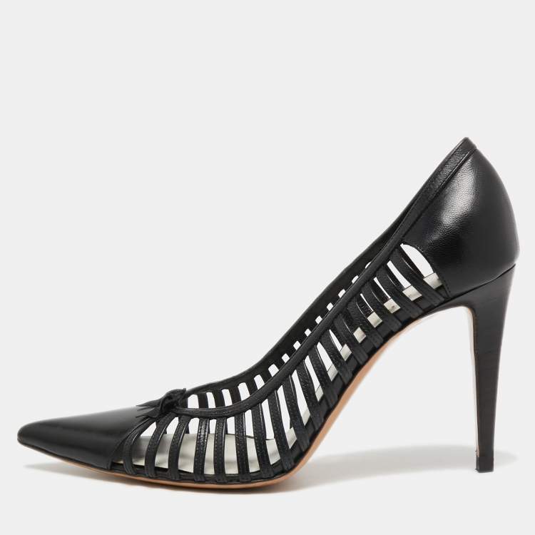 Pre Owned Miu Miu Black Leather Caged Pumps Size 37.5
