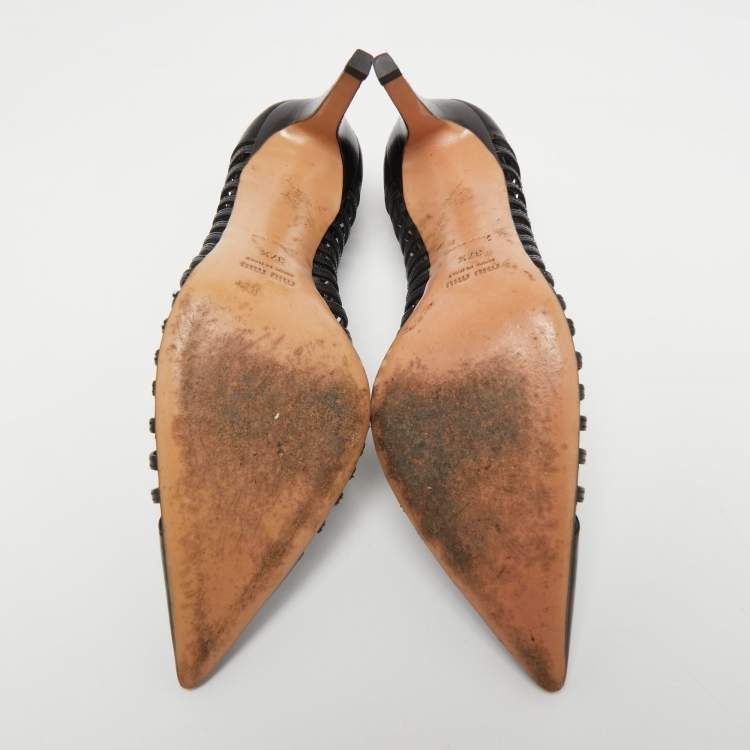 Pre Owned Miu Miu Black Leather Caged Pumps Size 37.5