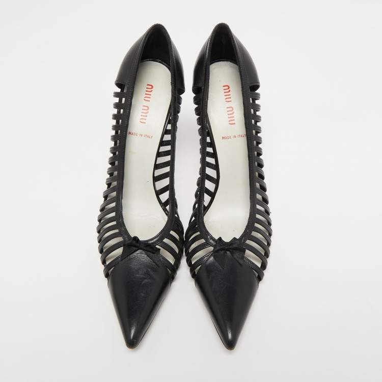 Pre Owned Miu Miu Black Leather Caged Pumps Size 37.5