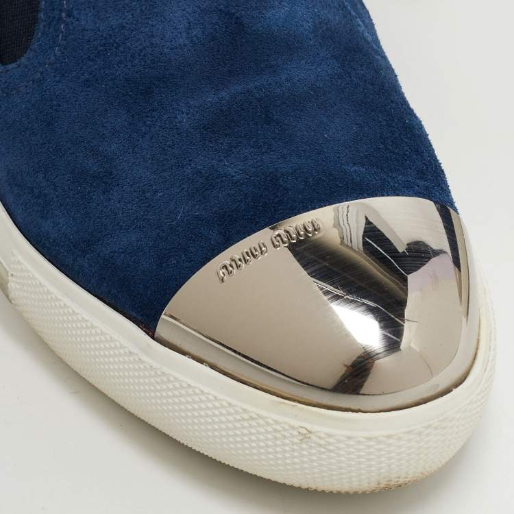 Pre Owned Miu Miu Blue Suede Metal Cap Toe Slip On Sneakers Size 37