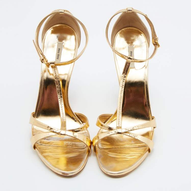 Pre Owned Miu Miu Metallic Gold Leather T-Strap Sandals Size 38.5
