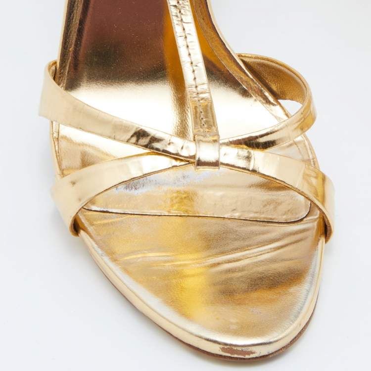Pre Owned Miu Miu Metallic Gold Leather T-Strap Sandals Size 38.5