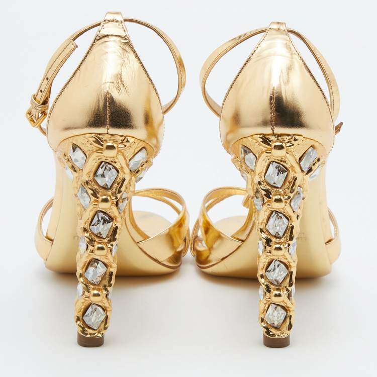 Pre Owned Miu Miu Metallic Gold Leather T-Strap Sandals Size 38.5