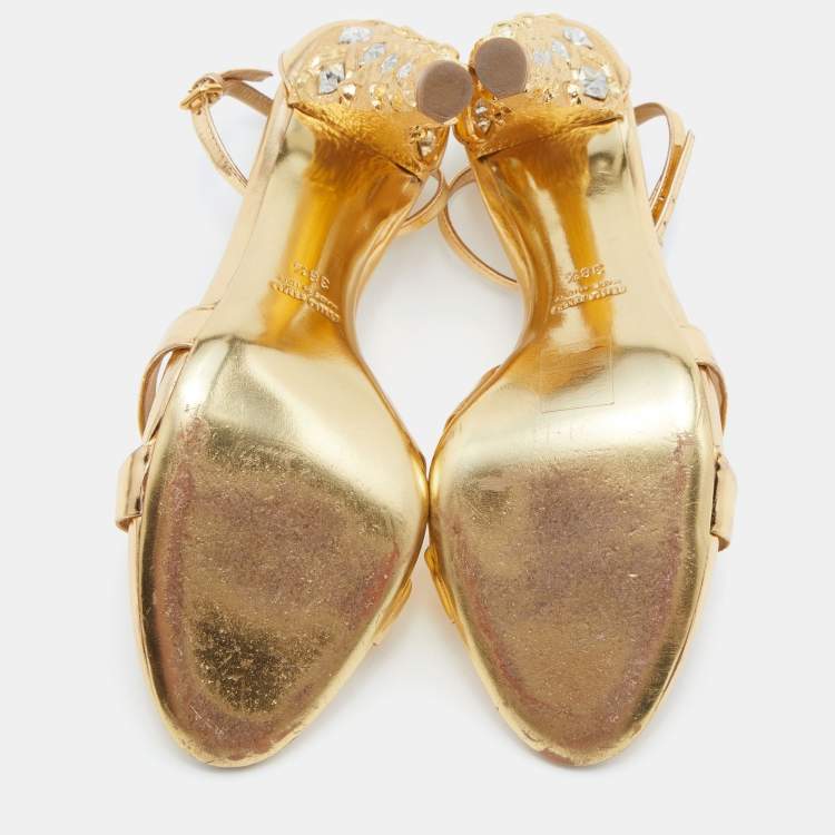 Pre Owned Miu Miu Metallic Gold Leather T-Strap Sandals Size 38.5