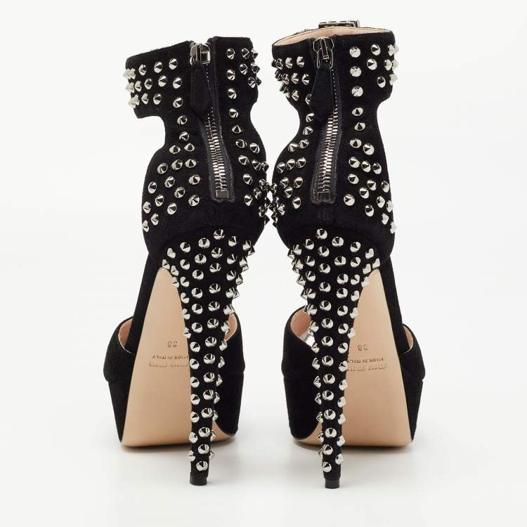 مملوكة مسبقًا Miu Miu Black Suede Studded Ankle Strap Platform Sandals Size 38