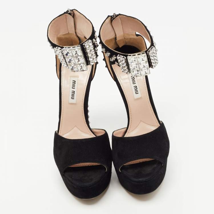 مملوكة مسبقًا Miu Miu Black Suede Studded Ankle Strap Platform Sandals Size 38