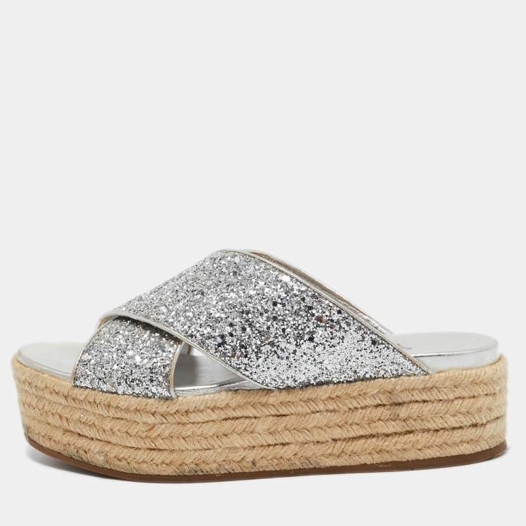 Pre Owned Miu Miu Silver Glitter and Leather Cross Strap Espadrille Wedge Sandals Size 38.5