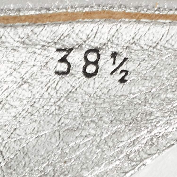 Pre Owned Miu Miu Silver Glitter and Leather Cross Strap Espadrille Wedge Sandals Size 38.5