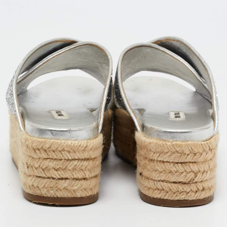 Pre Owned Miu Miu Silver Glitter and Leather Cross Strap Espadrille Wedge Sandals Size 38.5