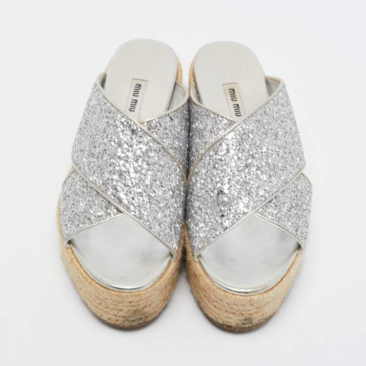 Pre Owned Miu Miu Silver Glitter and Leather Cross Strap Espadrille Wedge Sandals Size 38.5