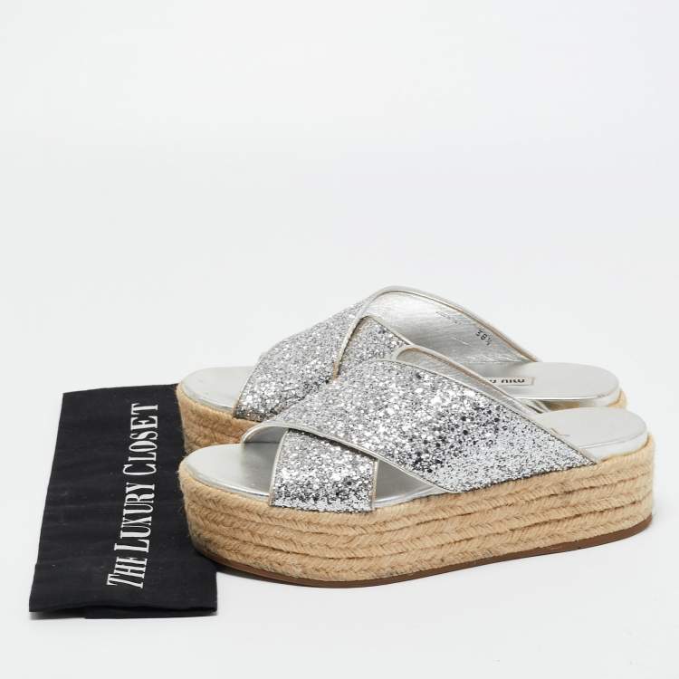 Pre Owned Miu Miu Silver Glitter and Leather Cross Strap Espadrille Wedge Sandals Size 38.5