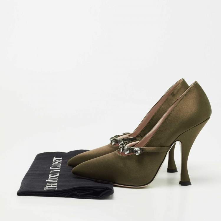 Pre Owned Miu Miu Olive Green Satin Crystal Embellished Mary Jane Pointed Toe Pumps Size 36.5