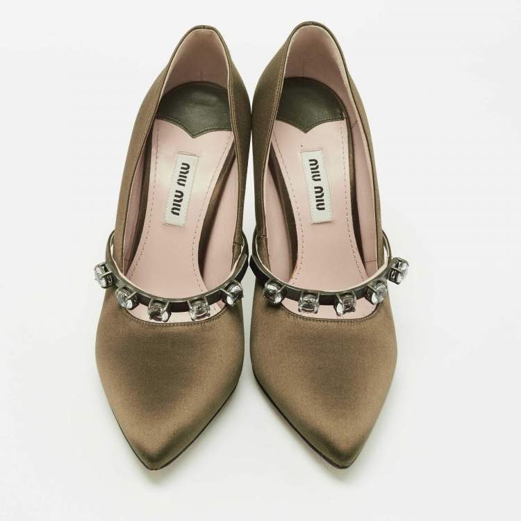 Pre Owned Miu Miu Olive Green Satin Crystal Embellished Mary Jane Pointed Toe Pumps Size 36.5
