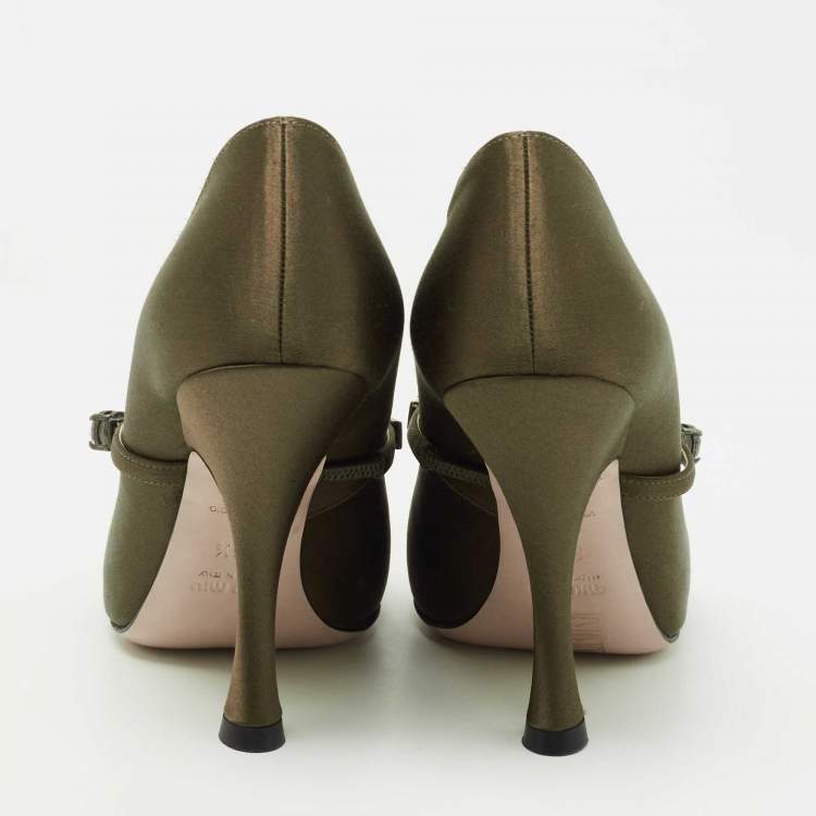 Pre Owned Miu Miu Olive Green Satin Crystal Embellished Mary Jane Pointed Toe Pumps Size 36.5