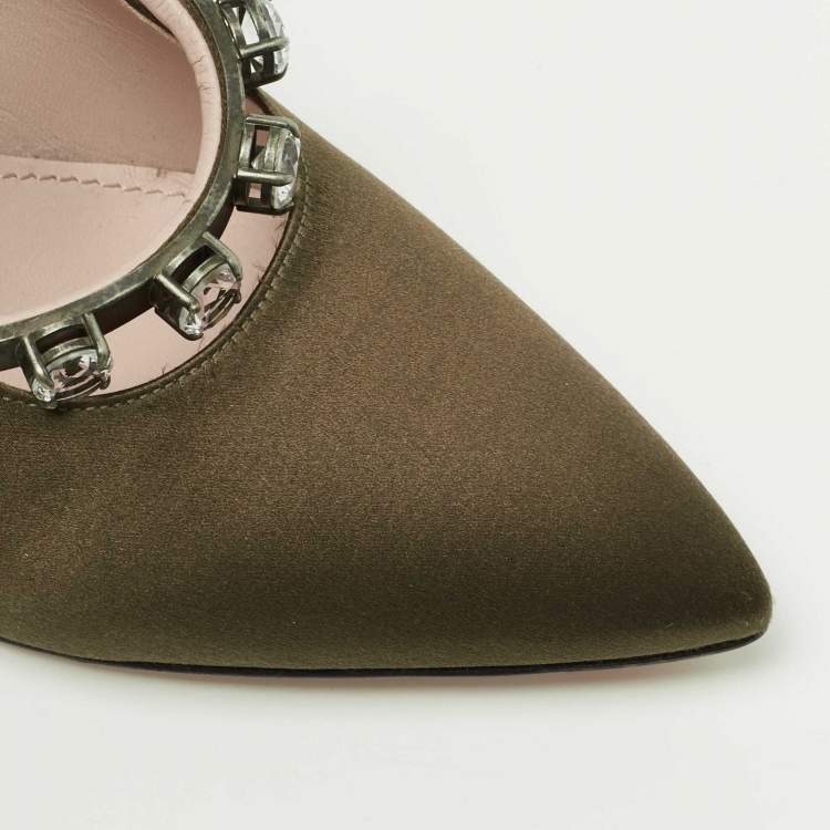 Pre Owned Miu Miu Olive Green Satin Crystal Embellished Mary Jane Pointed Toe Pumps Size 36.5
