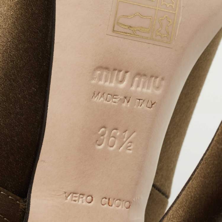 Pre Owned Miu Miu Olive Green Satin Crystal Embellished Mary Jane Pointed Toe Pumps Size 36.5