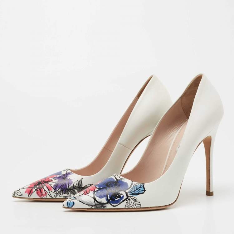 Pre Owned Miu Miu White Leather Floral Print Pumps Size 39