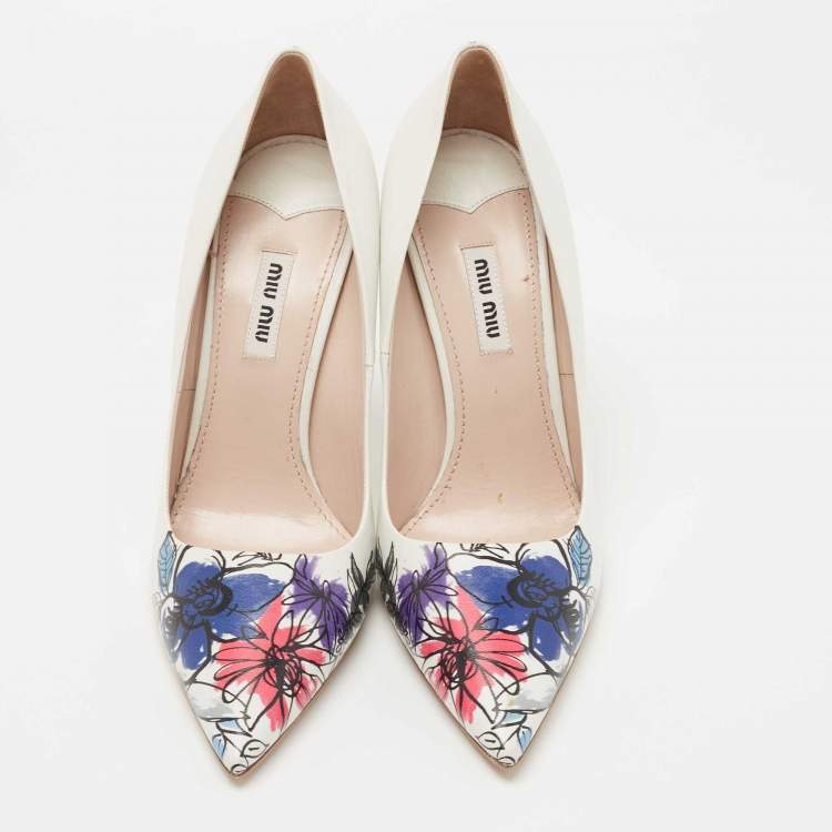 Pre Owned Miu Miu White Leather Floral Print Pumps Size 39