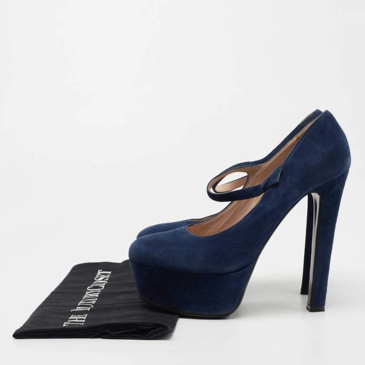 Pre Owned Miu Miu Navy Blue Suede Platform Mary Jane Pumps Size 37