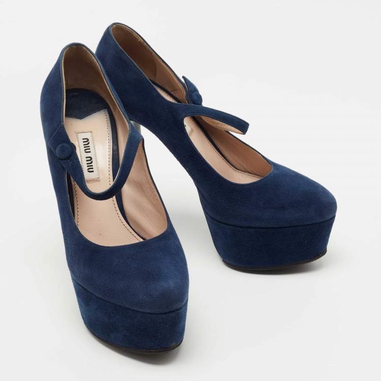 Pre Owned Miu Miu Navy Blue Suede Platform Mary Jane Pumps Size 37