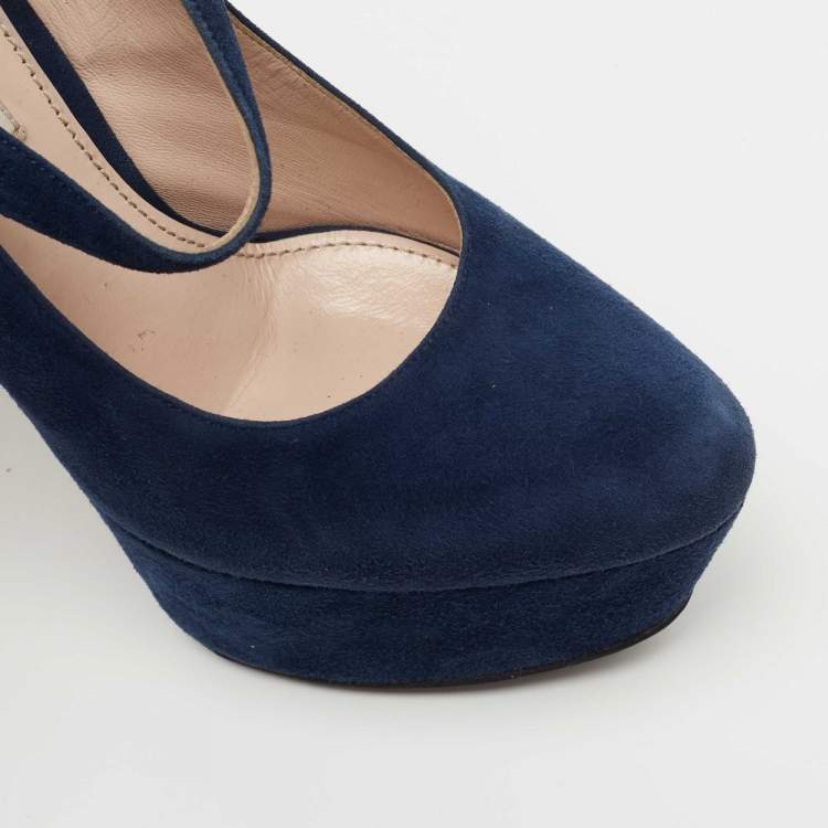 Pre Owned Miu Miu Navy Blue Suede Platform Mary Jane Pumps Size 37