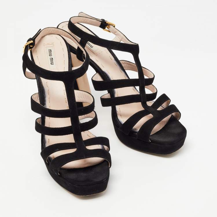 Pre Owned Miu Miu Black Suede Platform Strappy Sandals Size 41