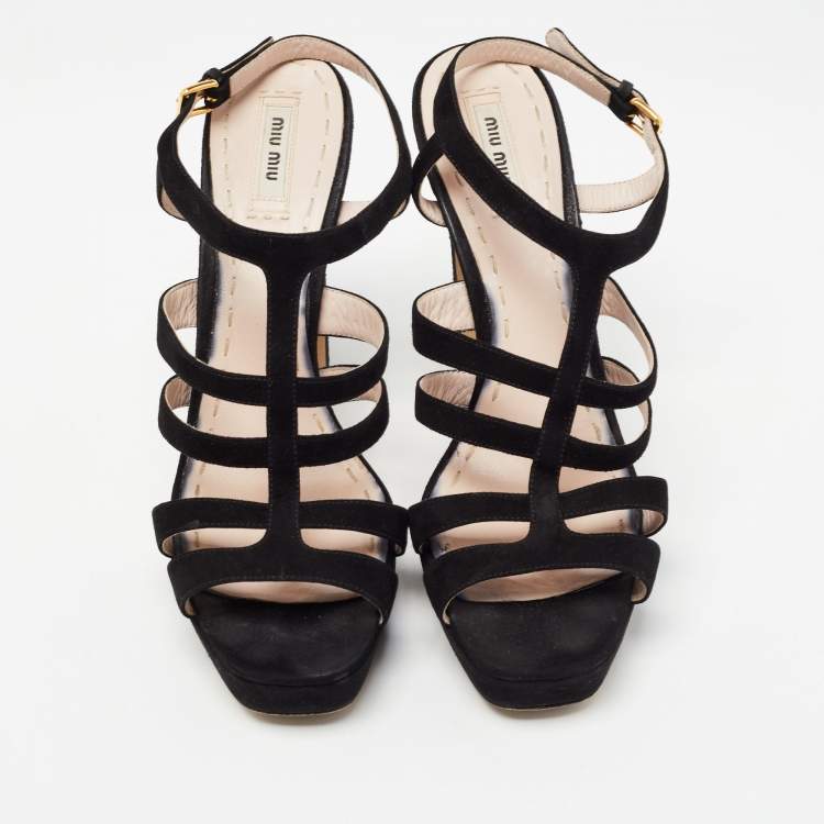 Pre Owned Miu Miu Black Suede Platform Strappy Sandals Size 41
