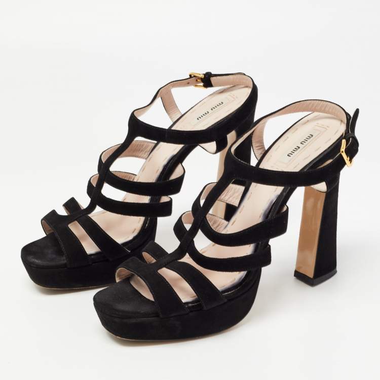 Pre Owned Miu Miu Black Suede Platform Strappy Sandals Size 41