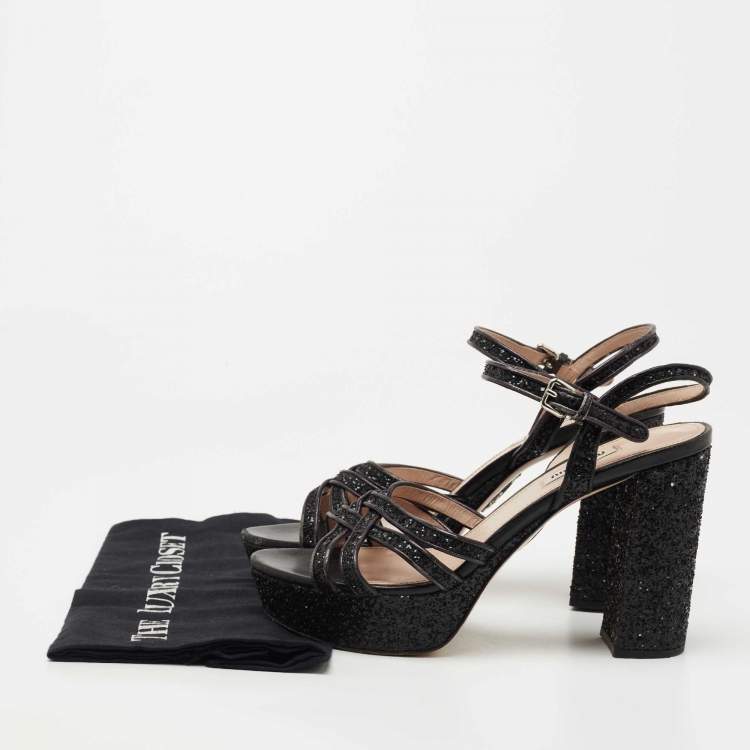Pre Owned Miu Miu Black Coarse Glitter Platform Ankle Strap Sandals Size 39