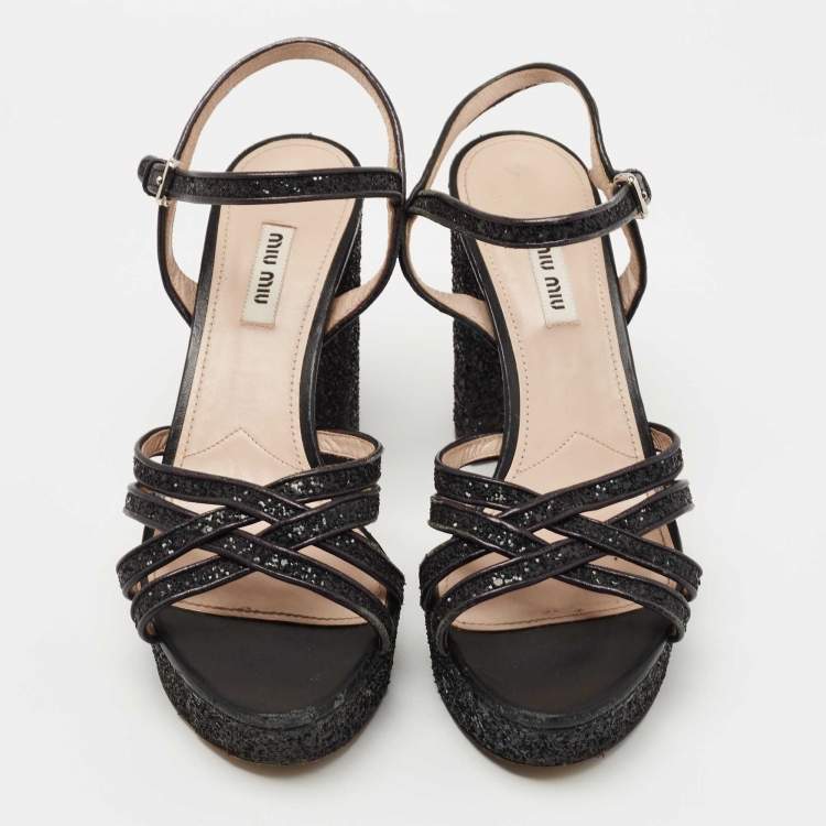 Pre Owned Miu Miu Black Coarse Glitter Platform Ankle Strap Sandals Size 39