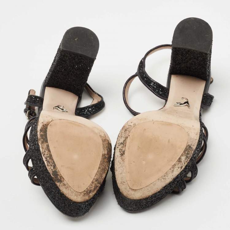 Pre Owned Miu Miu Black Coarse Glitter Platform Ankle Strap Sandals Size 39