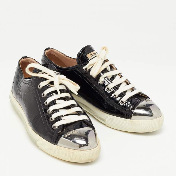 Pre Owned Miu Miu Black Patent Leather Metal Cap Toe Low Top Sneakers Size 38.5