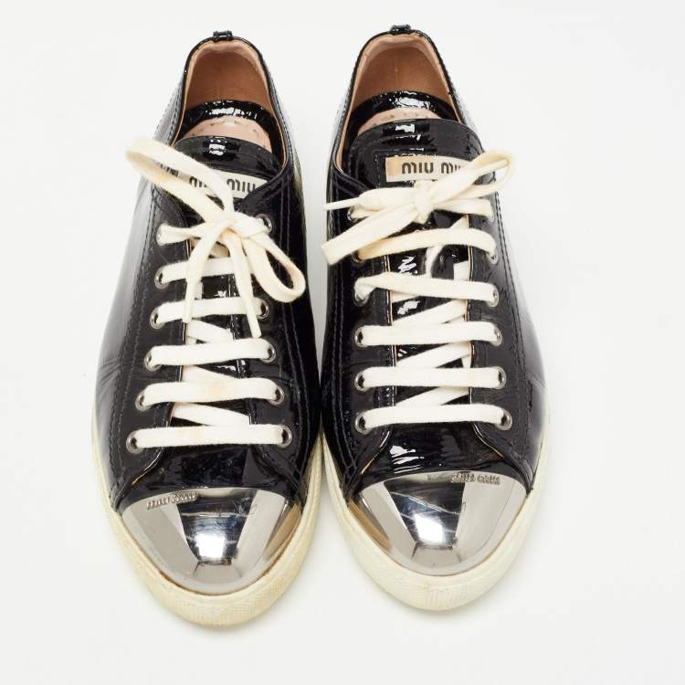 Pre Owned Miu Miu Black Patent Leather Metal Cap Toe Low Top Sneakers Size 38.5