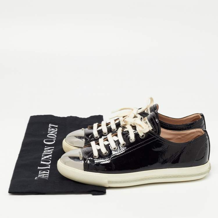 Pre Owned Miu Miu Black Patent Leather Metal Cap Toe Low Top Sneakers Size 38.5