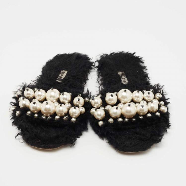 Pre Owned Miu Miu Black Fur Pearl Embellished Flat Slides Size 39