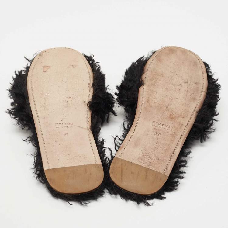 Pre Owned Miu Miu Black Fur Pearl Embellished Flat Slides Size 39