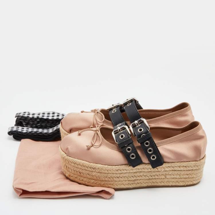 Pre Owned Miu Miu Beige/Black Satin and Leather Ballet Espadrille Platform Flats Size 36