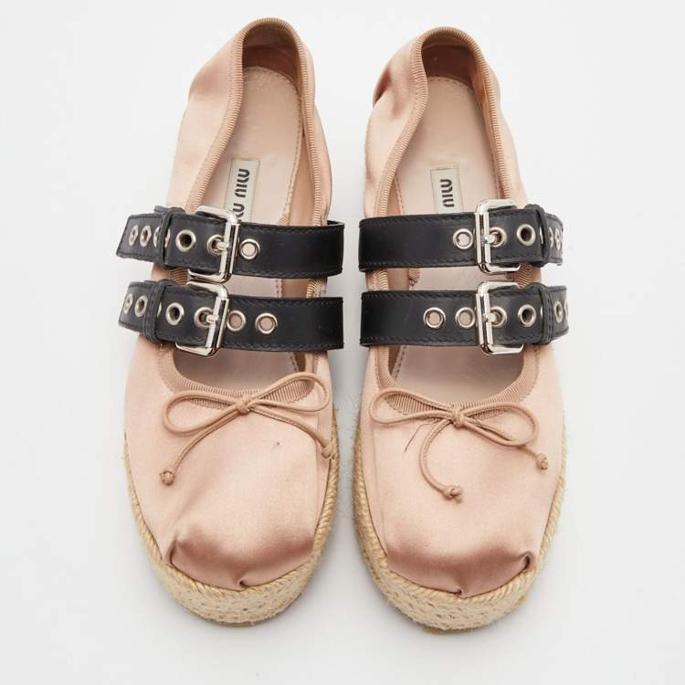 Pre Owned Miu Miu Beige/Black Satin and Leather Ballet Espadrille Platform Flats Size 36