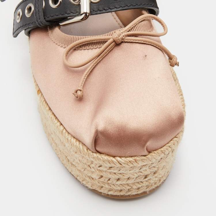 Pre Owned Miu Miu Beige/Black Satin and Leather Ballet Espadrille Platform Flats Size 36